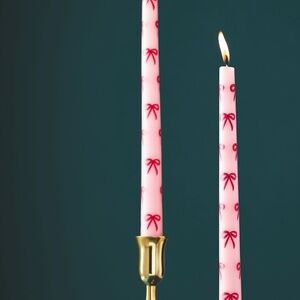 Anthropologie Handpainted Pink with Red Bow Taper Candles, Set of 2, New!